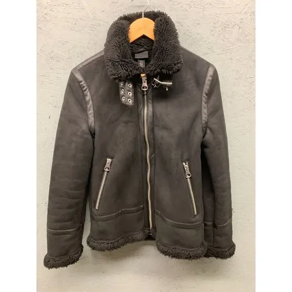 H&M Sherpa Faux Fur Lined Suede Jacket Women’s XS Black‎ Cozy Winter Coat - Picture 5 of 12